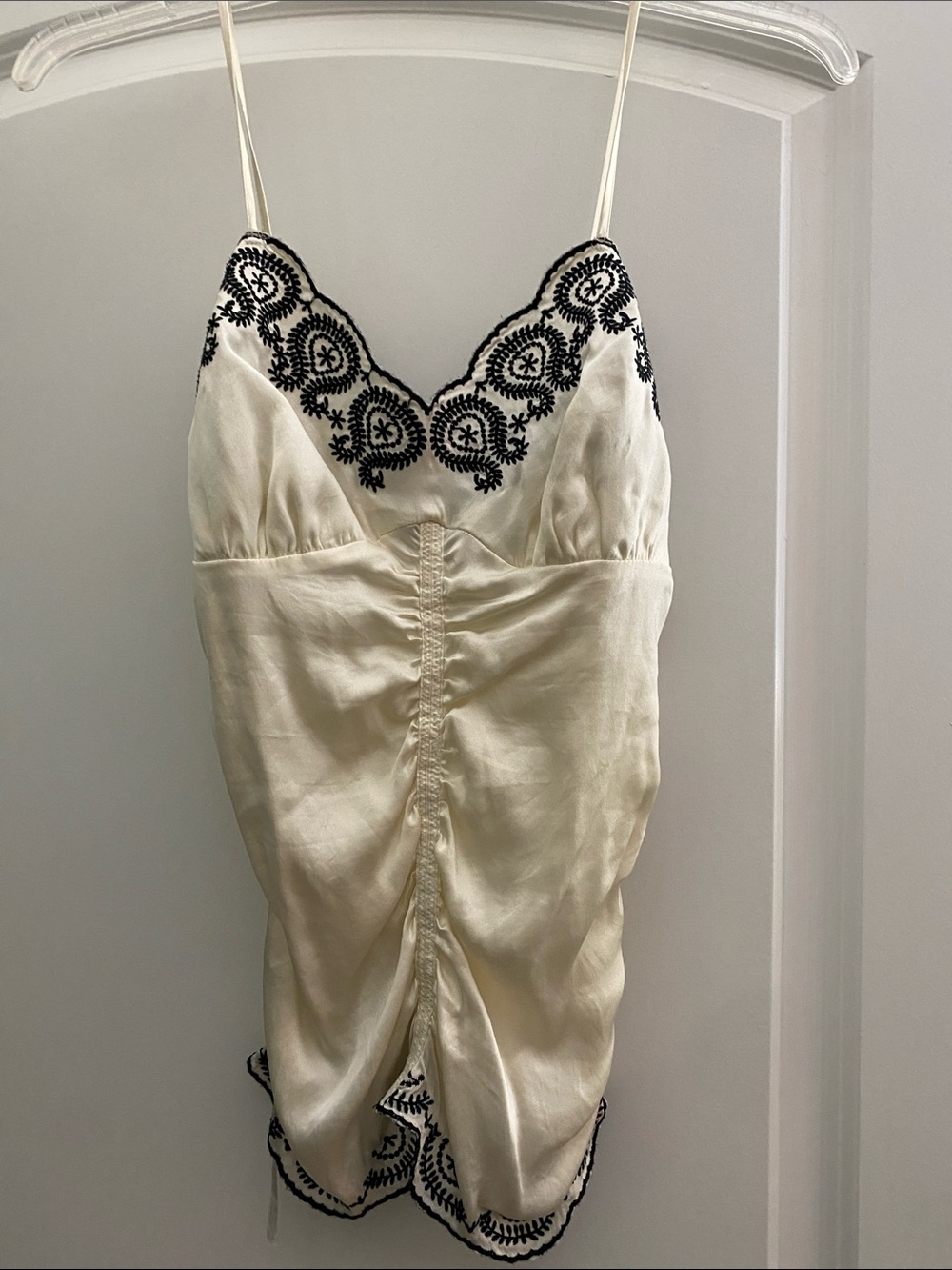 Boston Proper Cream Satin Camisole with Black Lace Trim